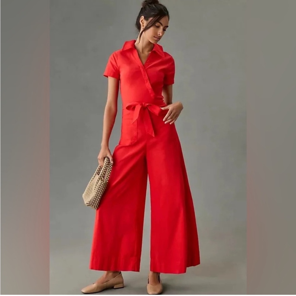 Maeve Red Short-Sleeve Wrap Jumpsuit